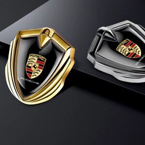 Porsche Metal Emblem Badge Gold Half Torn Steel Black Yellow Golden Logo